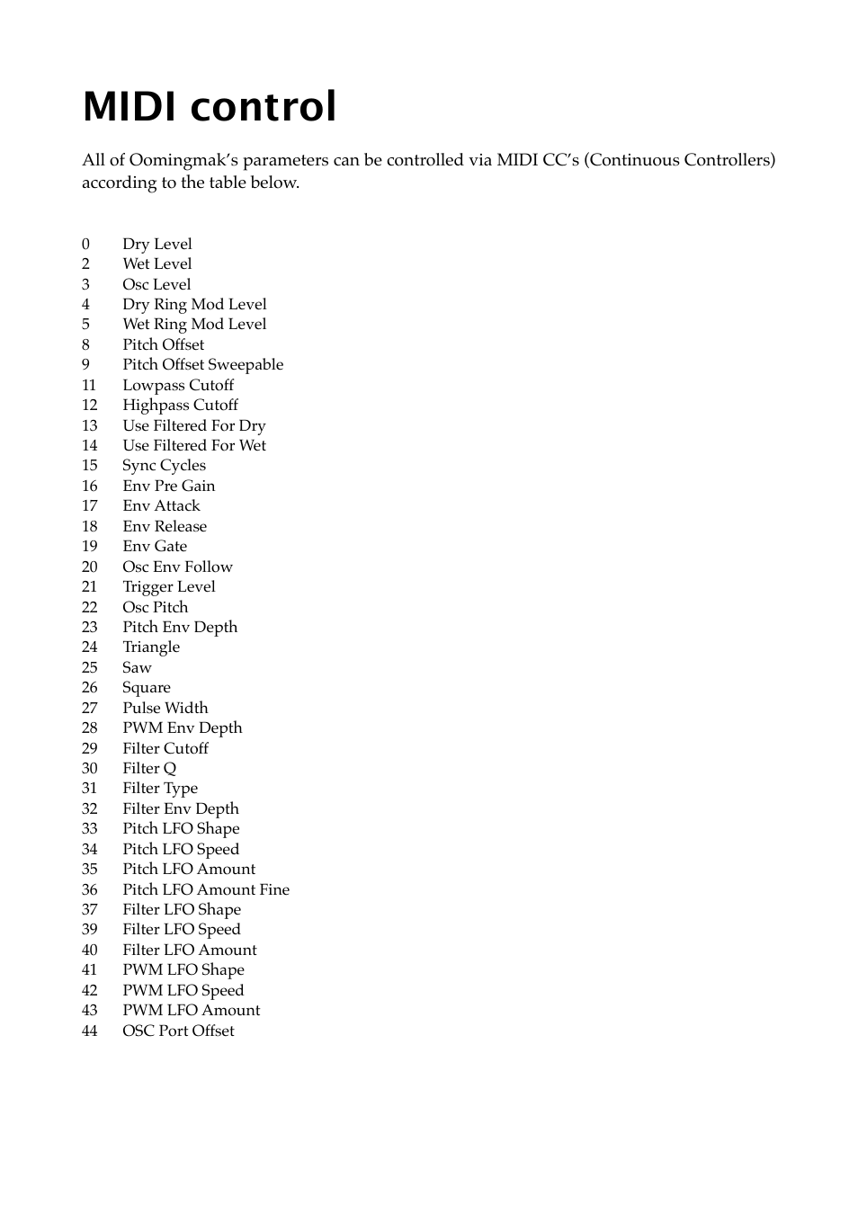 Midi control | Expert Sleepers Oomingmak v1.1.0 User Manual | Page 23 / 38