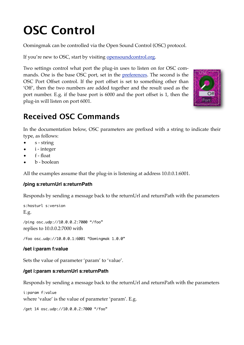 Osc control, Received osc commands, Ping s:returnurl s:returnpath | Set i:param f:value, Get i:param s:returnurl s:returnpath | Expert Sleepers Oomingmak v1.1.0 User Manual | Page 24 / 38