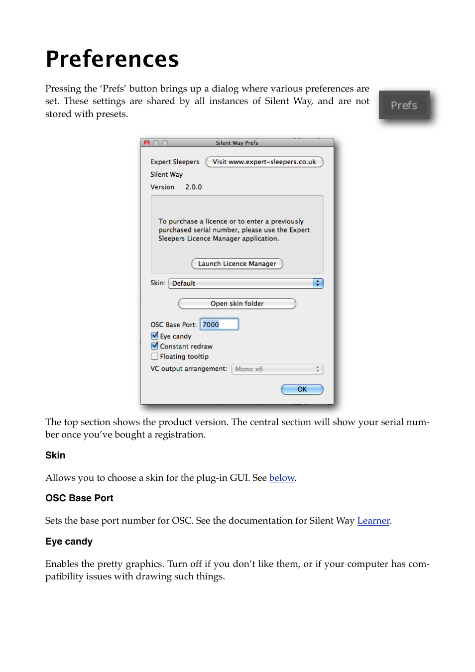Preferences, Skin, Osc base port | Eye candy, Prefs | Expert Sleepers Silent Way v2.4.3 User Manual | Page 108 / 123