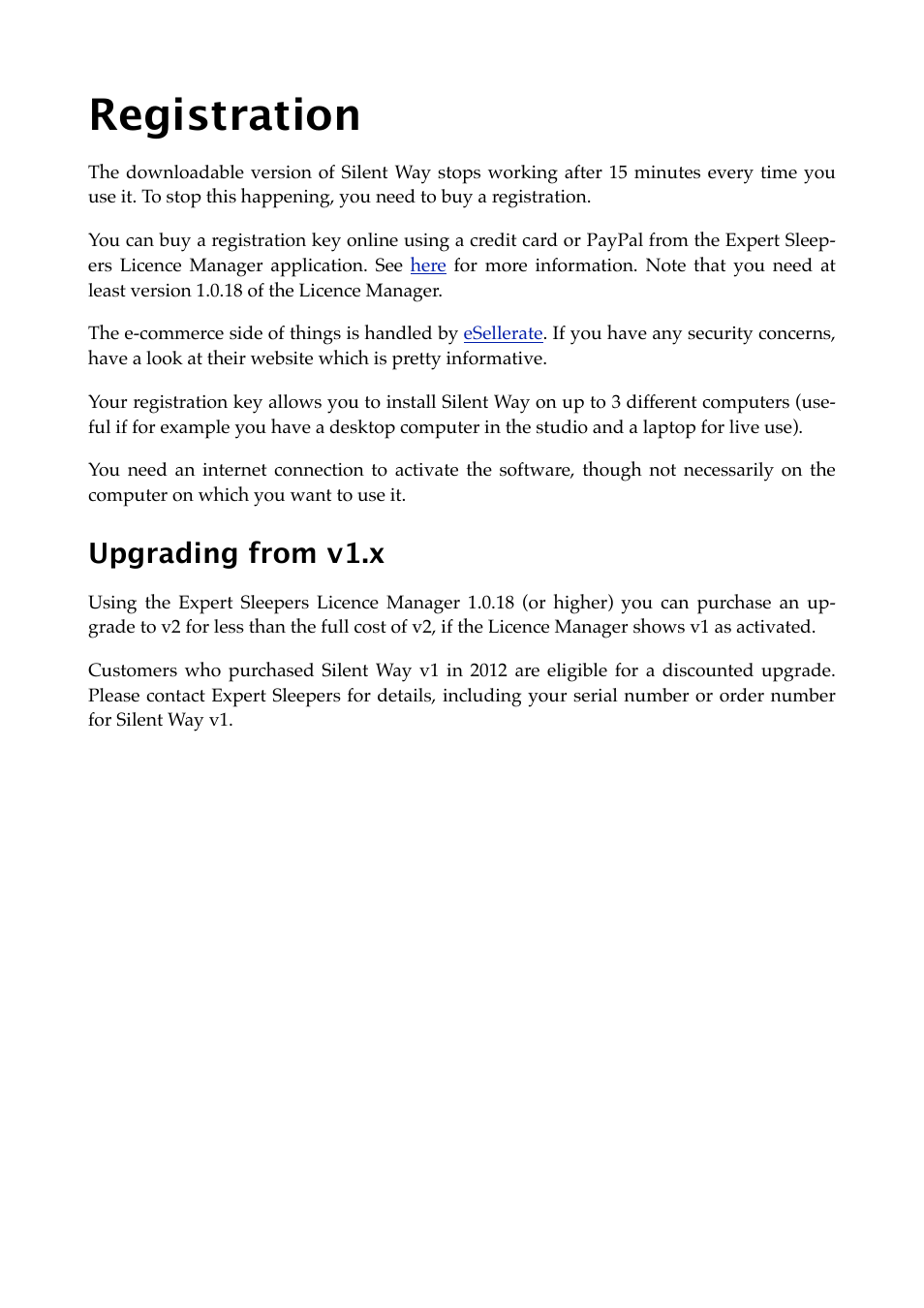 Registration, Upgrading from v1.x | Expert Sleepers Silent Way v2.4.3 User Manual | Page 19 / 123