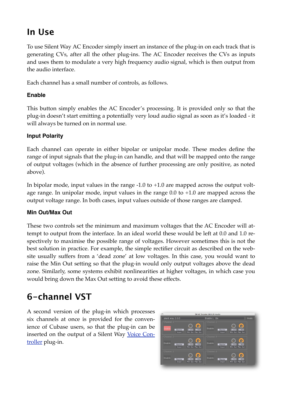 In use, Enable, Input polarity | Min out/max out, Channel vst | Expert Sleepers Silent Way v2.4.3 User Manual | Page 25 / 123