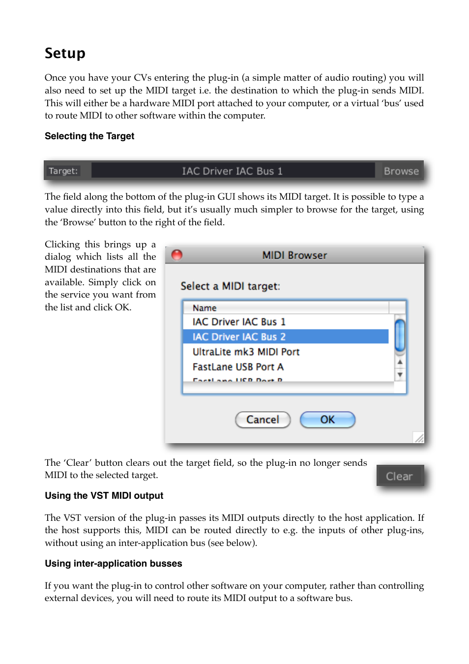 Setup, Selecting the target, Using the vst midi output | Using inter-application busses | Expert Sleepers Silent Way v2.4.3 User Manual | Page 30 / 123