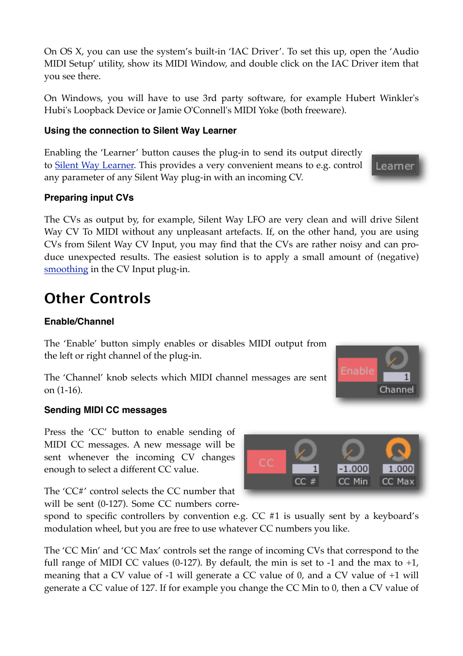 Using the connection to silent way learner, Preparing input cvs, Other controls | Enable/channel, Sending midi cc messages | Expert Sleepers Silent Way v2.4.3 User Manual | Page 31 / 123