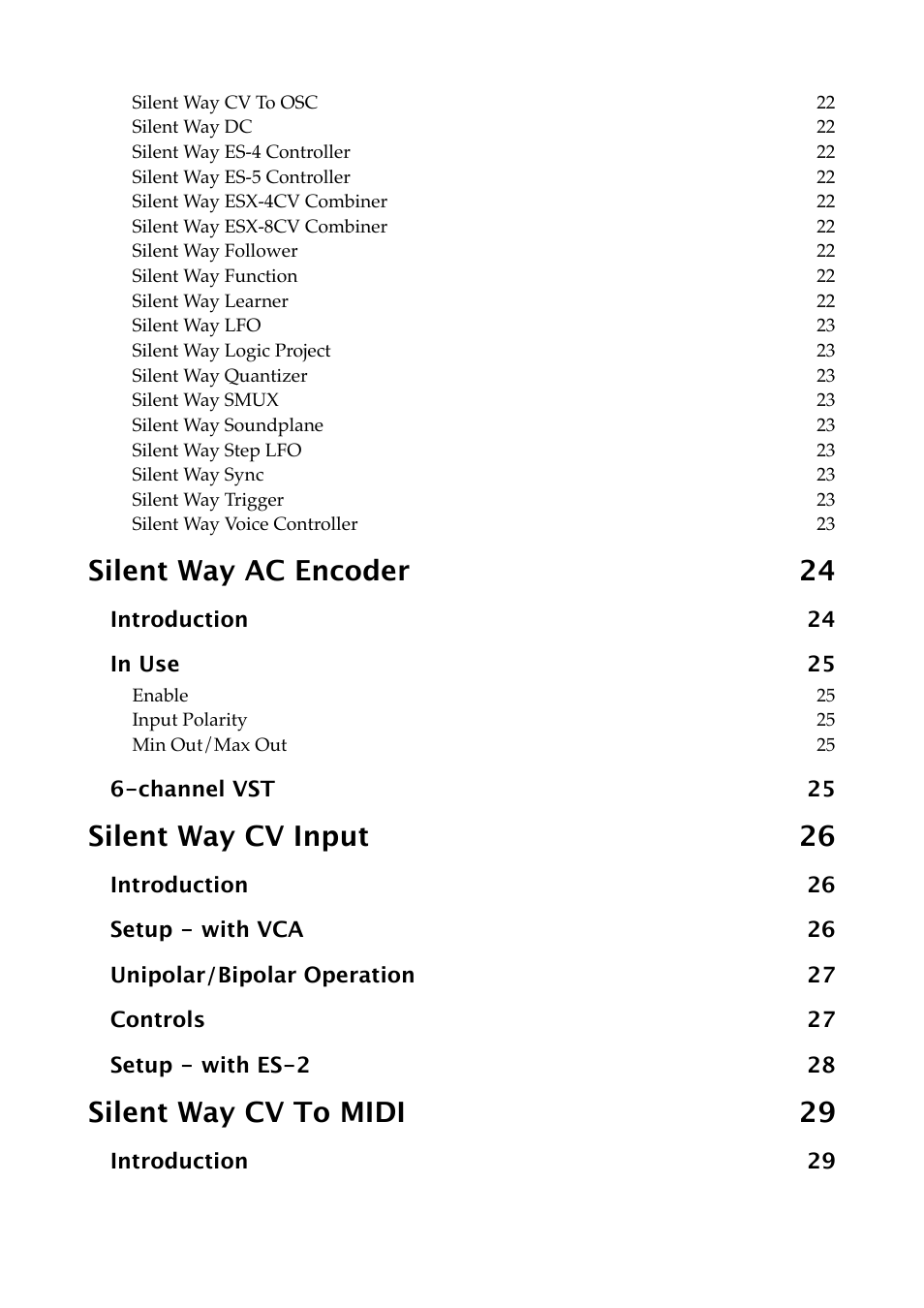 Silent way ac encoder 24, Silent way cv input 26, Silent way cv to midi 29 | Expert Sleepers Silent Way v2.4.3 User Manual | Page 4 / 123