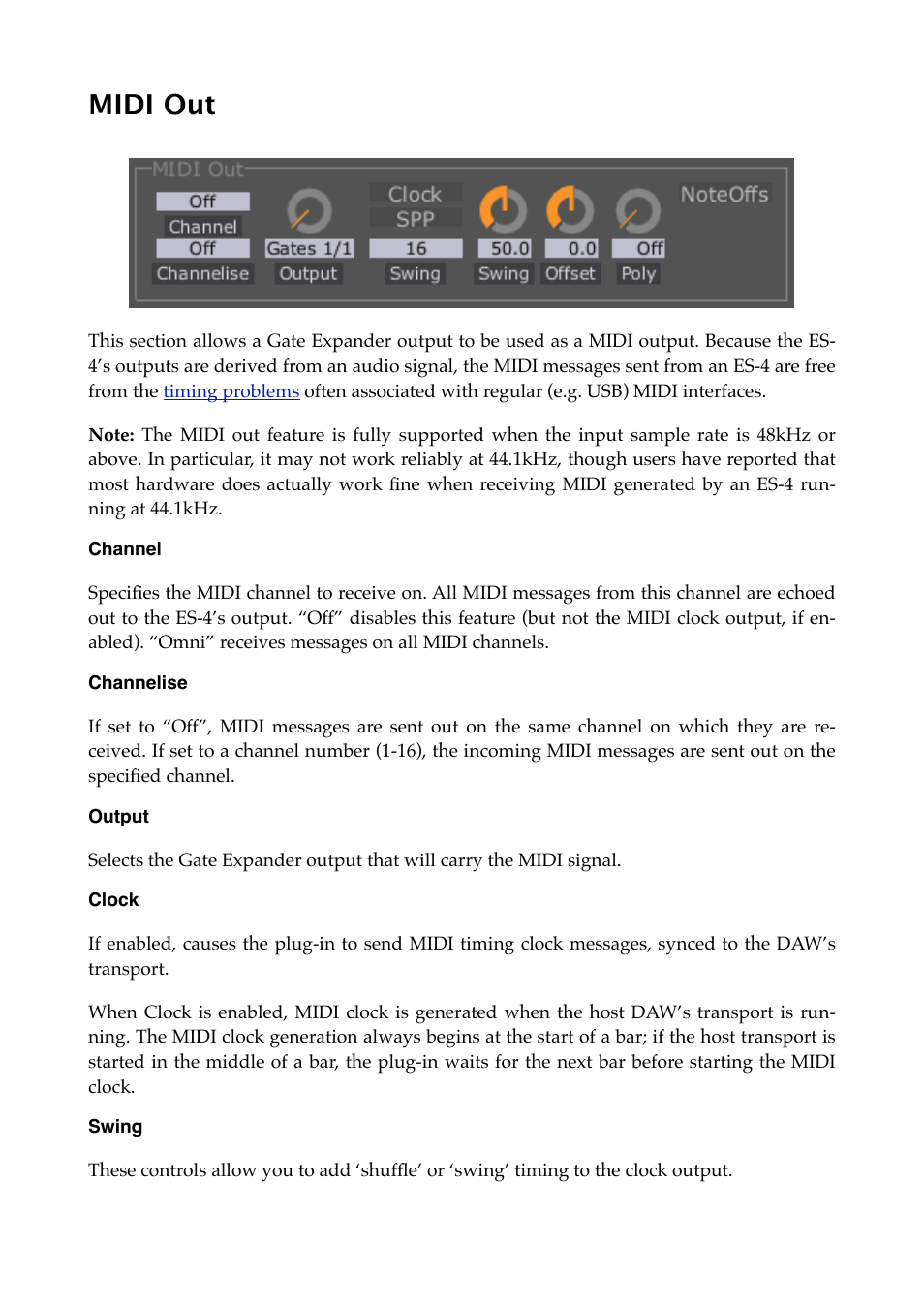 Midi out, Channel, Channelise | Output, Clock, Swing | Expert Sleepers Silent Way v2.4.3 User Manual | Page 43 / 123