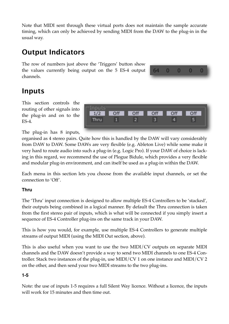 Output indicators, Inputs, Thru | Expert Sleepers Silent Way v2.4.3 User Manual | Page 45 / 123