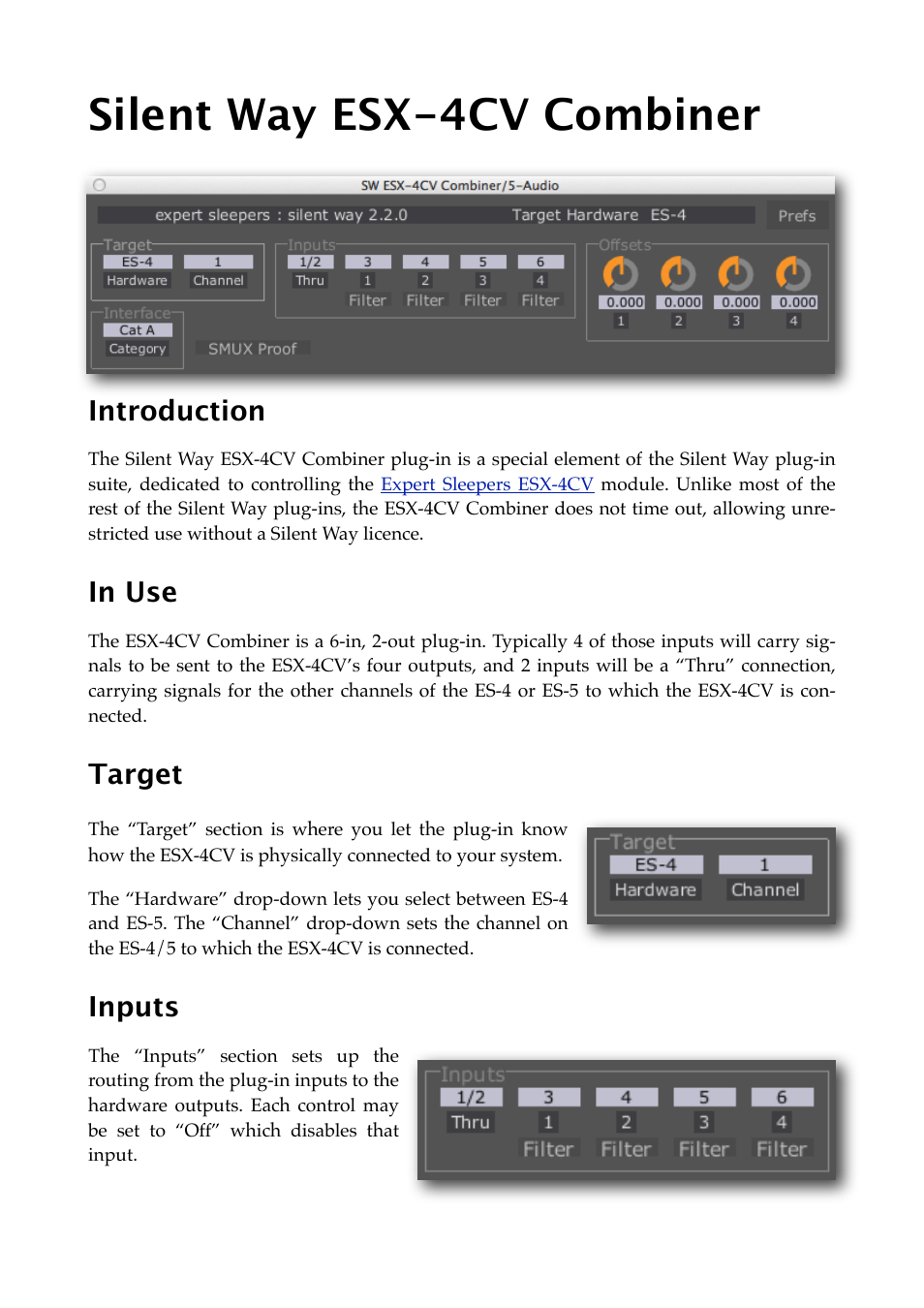 Silent way esx-4cv combiner, Introduction, In use | Target, Inputs | Expert Sleepers Silent Way v2.4.3 User Manual | Page 49 / 123