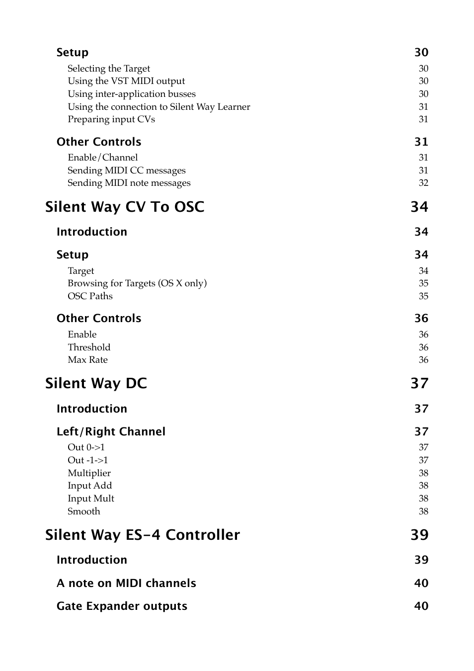 Silent way cv to osc 34, Silent way dc 37, Silent way es-4 controller 39 | Expert Sleepers Silent Way v2.4.3 User Manual | Page 5 / 123