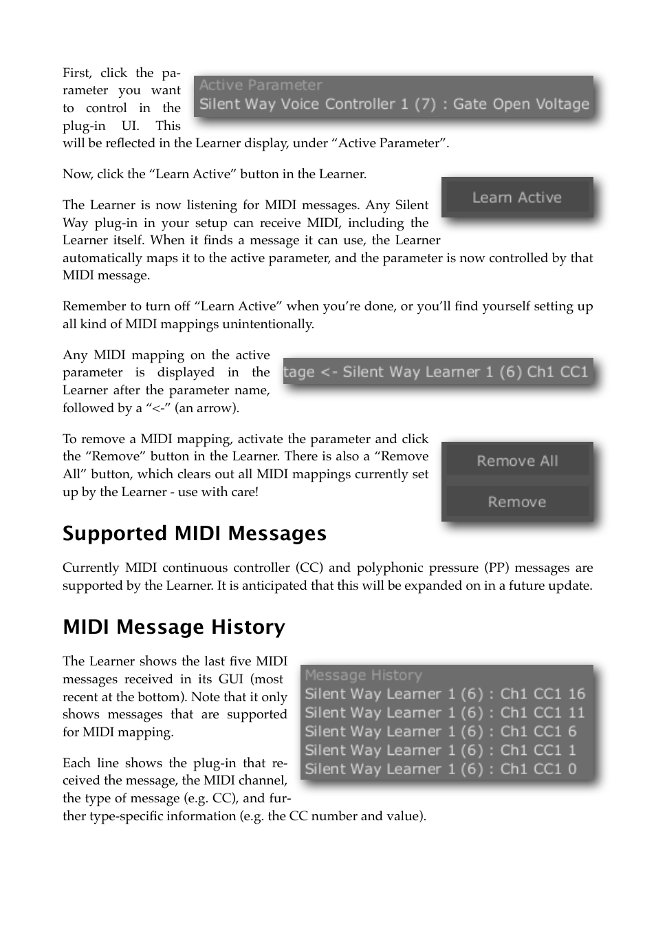 Supported midi messages, Midi message history | Expert Sleepers Silent Way v2.4.3 User Manual | Page 61 / 123