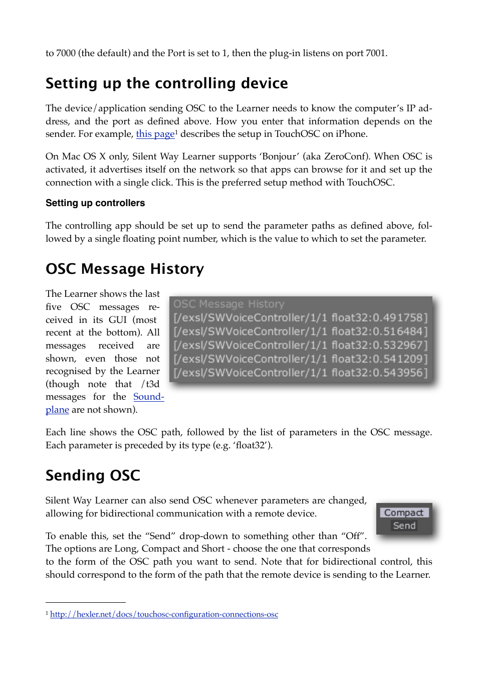 Setting up the controlling device, Setting up controllers, Osc message history | Sending osc | Expert Sleepers Silent Way v2.4.3 User Manual | Page 63 / 123