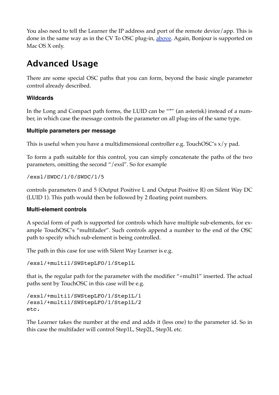 Advanced usage, Wildcards, Multiple parameters per message | Multi-element controls | Expert Sleepers Silent Way v2.4.3 User Manual | Page 64 / 123