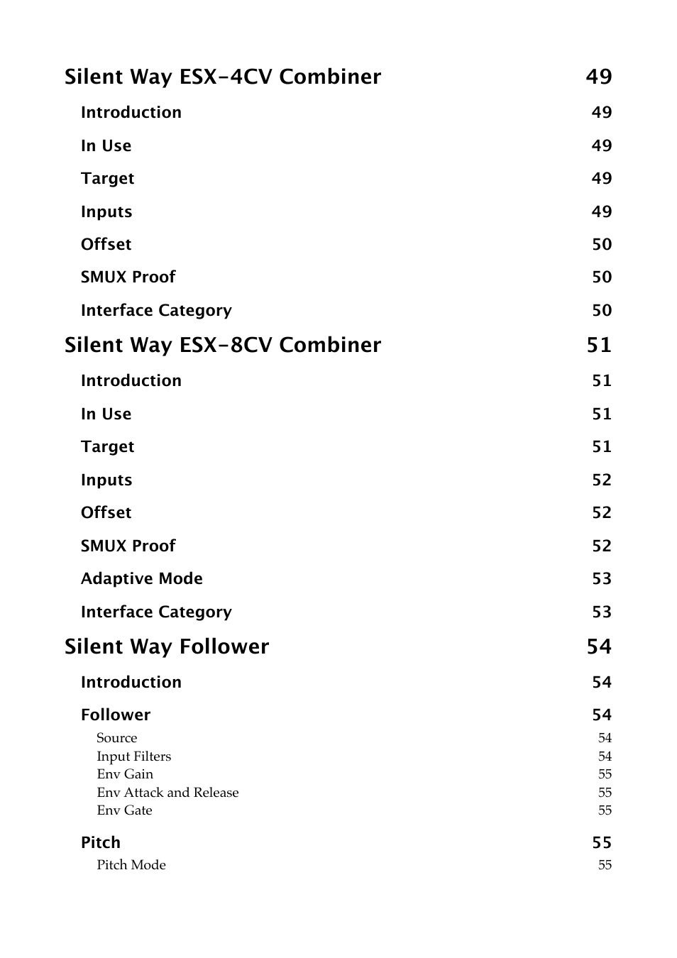 Silent way esx-4cv combiner 49, Silent way esx-8cv combiner 51, Silent way follower 54 | Expert Sleepers Silent Way v2.4.3 User Manual | Page 7 / 123