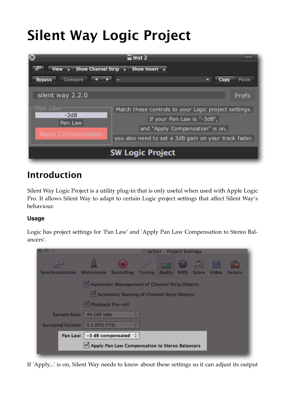 Silent way logic project, Introduction, Usage | Logic project | Expert Sleepers Silent Way v2.4.3 User Manual | Page 70 / 123