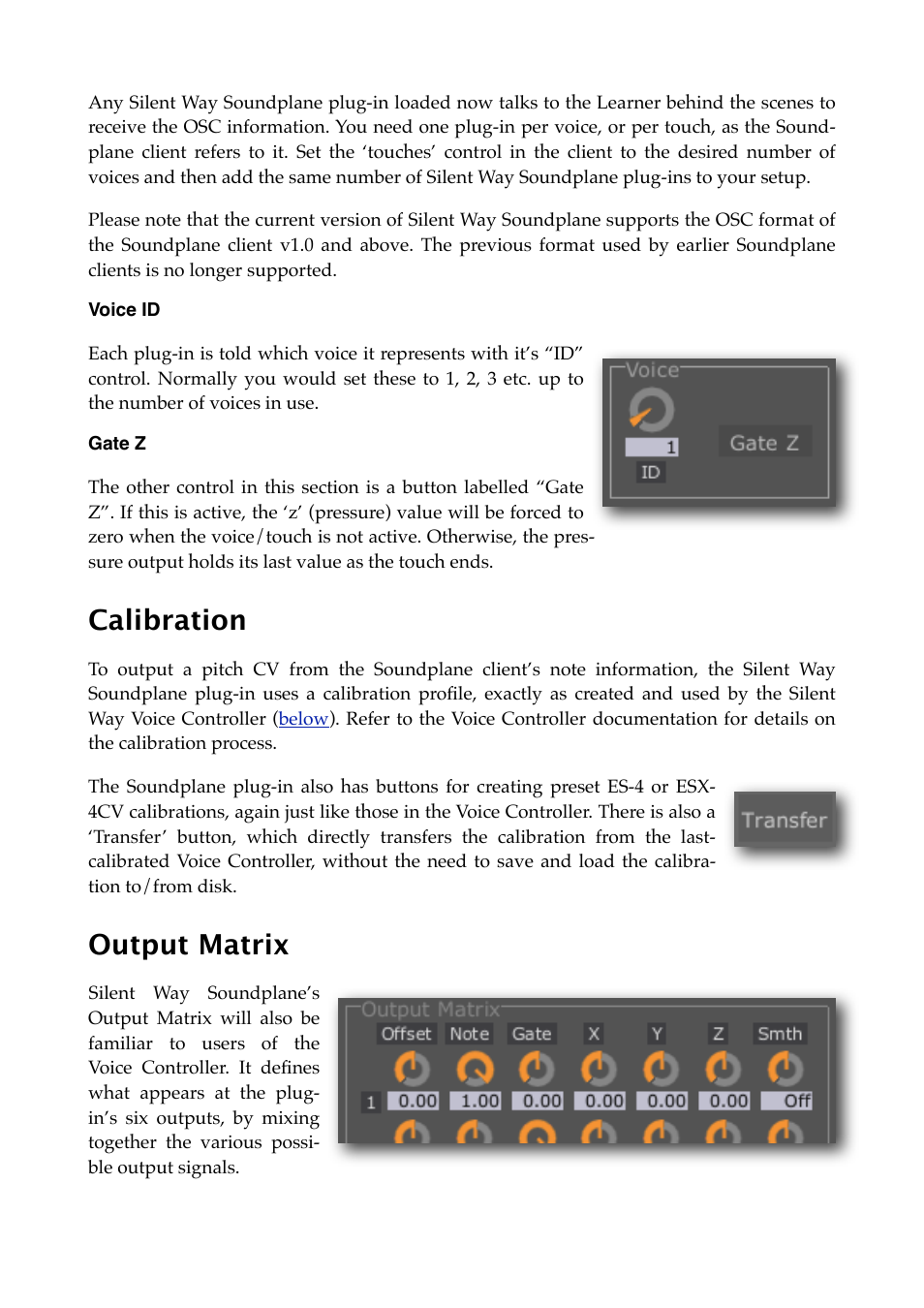 Voice id, Gate z, Calibration | Output matrix | Expert Sleepers Silent Way v2.4.3 User Manual | Page 78 / 123