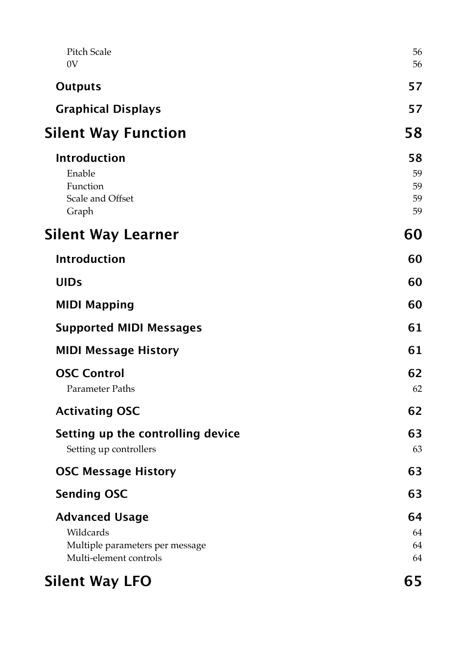 Silent way function 58, Silent way learner 60, Silent way lfo 65 | Expert Sleepers Silent Way v2.4.3 User Manual | Page 8 / 123