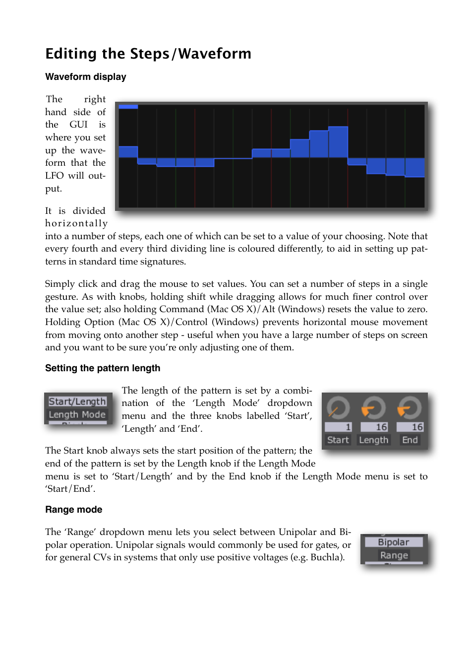 Editing the steps/waveform, Waveform display, Setting the pattern length | Range mode | Expert Sleepers Silent Way v2.4.3 User Manual | Page 82 / 123