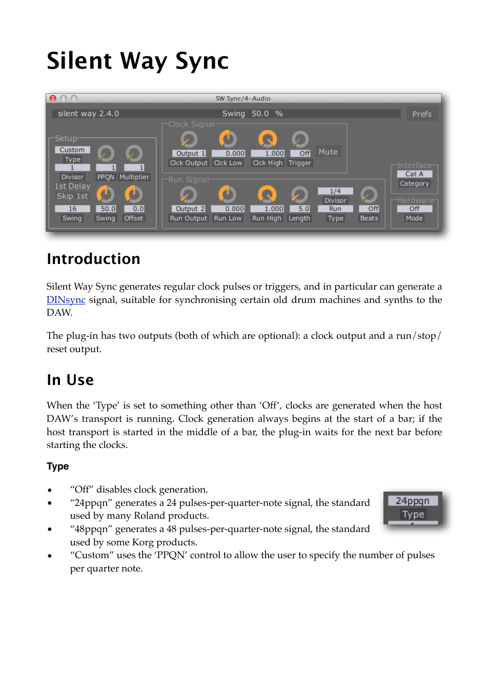 Silent way sync, Introduction, In use | Type, Sync | Expert Sleepers Silent Way v2.4.3 User Manual | Page 88 / 123