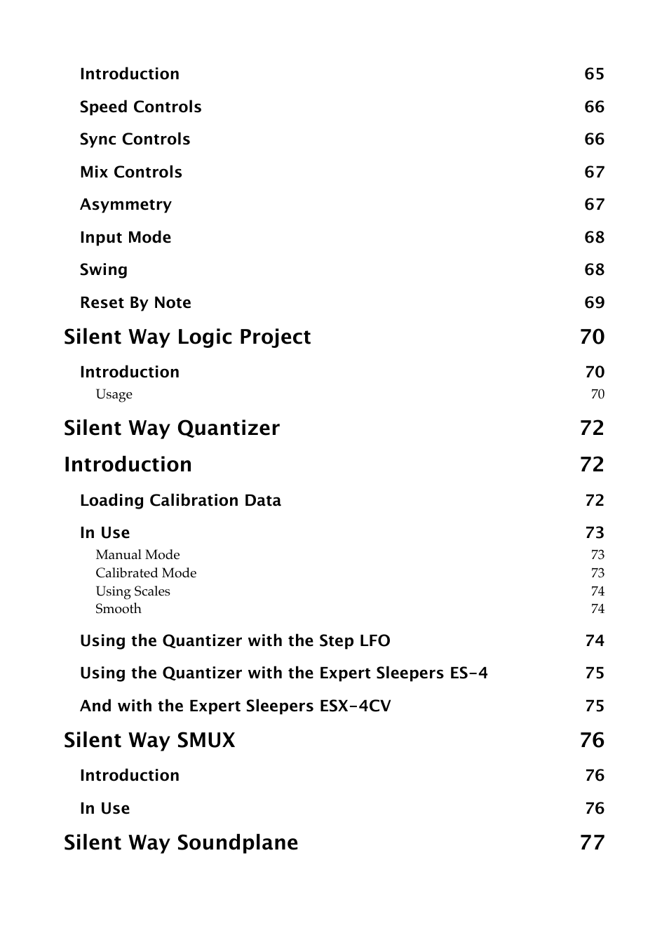 Silent way logic project 70, Silent way quantizer 72 introduction 72, Silent way smux 76 | Silent way soundplane 77 | Expert Sleepers Silent Way v2.4.3 User Manual | Page 9 / 123