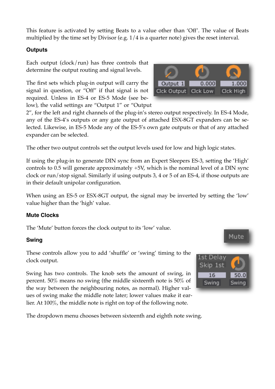 Outputs, Mute clocks, Swing | Expert Sleepers Silent Way v2.4.3 User Manual | Page 90 / 123