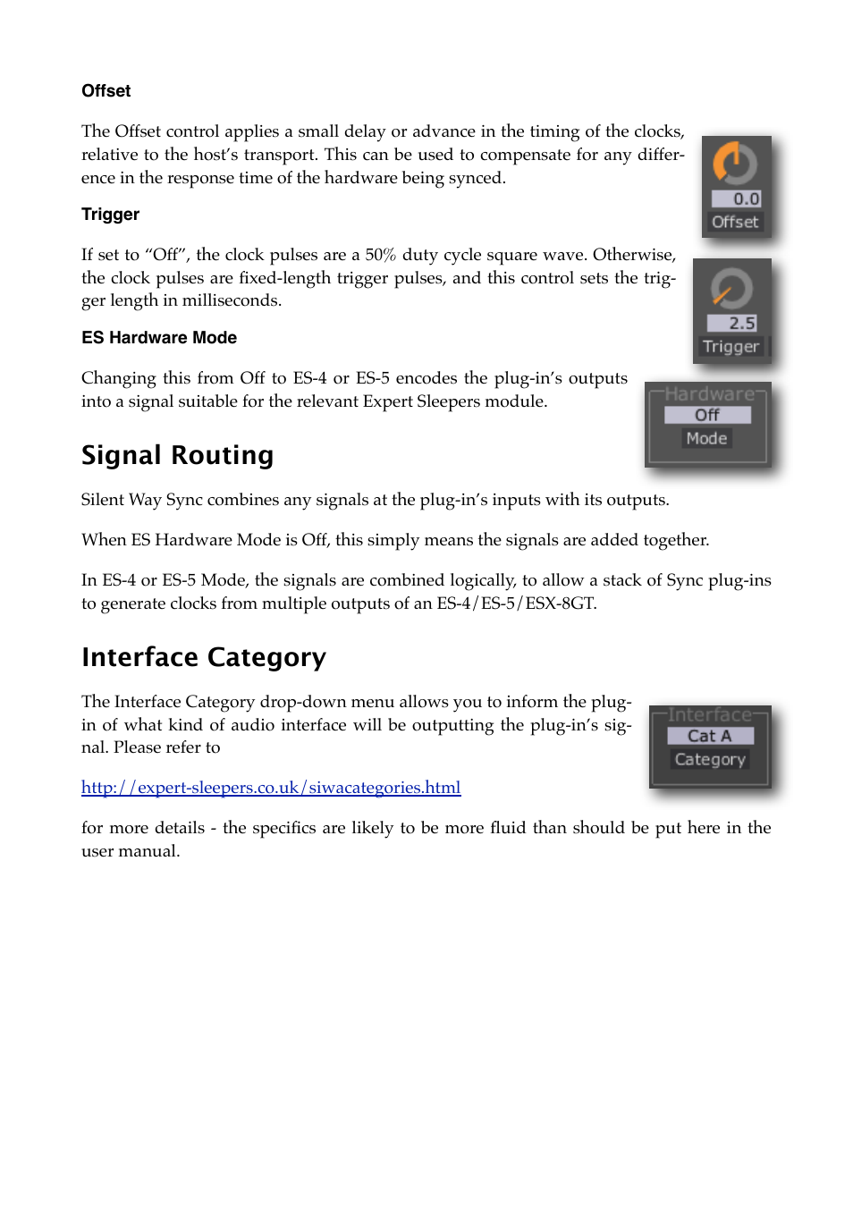 Offset, Trigger, Es hardware mode | Signal routing, Interface category | Expert Sleepers Silent Way v2.4.3 User Manual | Page 91 / 123