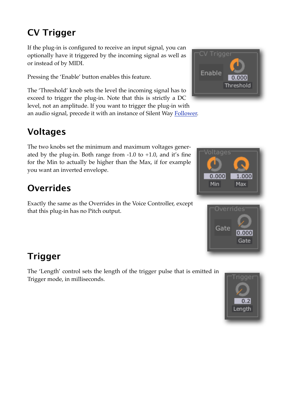 Cv trigger, Voltages, Overrides | Trigger | Expert Sleepers Silent Way v2.4.3 User Manual | Page 93 / 123