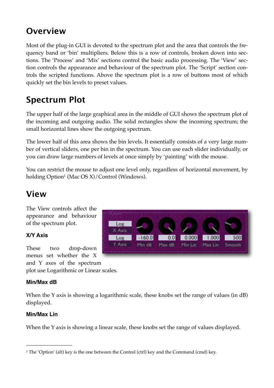 Overview, Spectrum plot, View | X/y axis, Min/max db, Min/max lin | Expert Sleepers Spectral Conquest v1.0.0 User Manual | Page 10 / 25