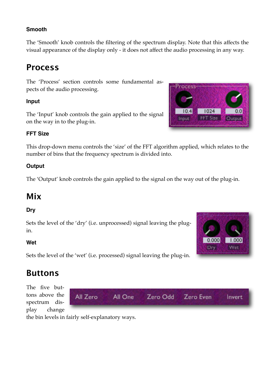 Smooth, Process, Input | Fft size, Output, Buttons | Expert Sleepers Spectral Conquest v1.0.0 User Manual | Page 11 / 25