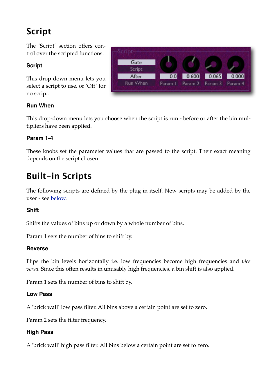 Script, Run when, Param 1-4 | Built-in scripts, Shift, Reverse, Low pass, High pass | Expert Sleepers Spectral Conquest v1.0.0 User Manual | Page 12 / 25