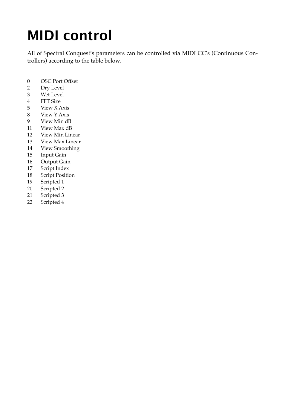 Midi control | Expert Sleepers Spectral Conquest v1.0.0 User Manual | Page 15 / 25