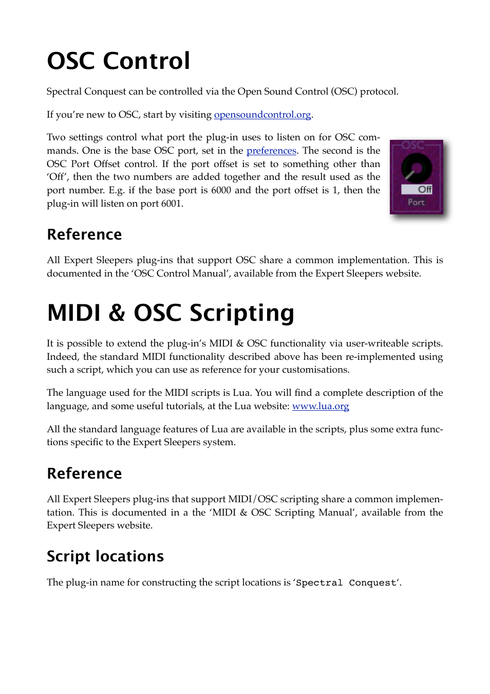 Osc control, Reference, Midi & osc scripting | Script locations | Expert Sleepers Spectral Conquest v1.0.0 User Manual | Page 16 / 25