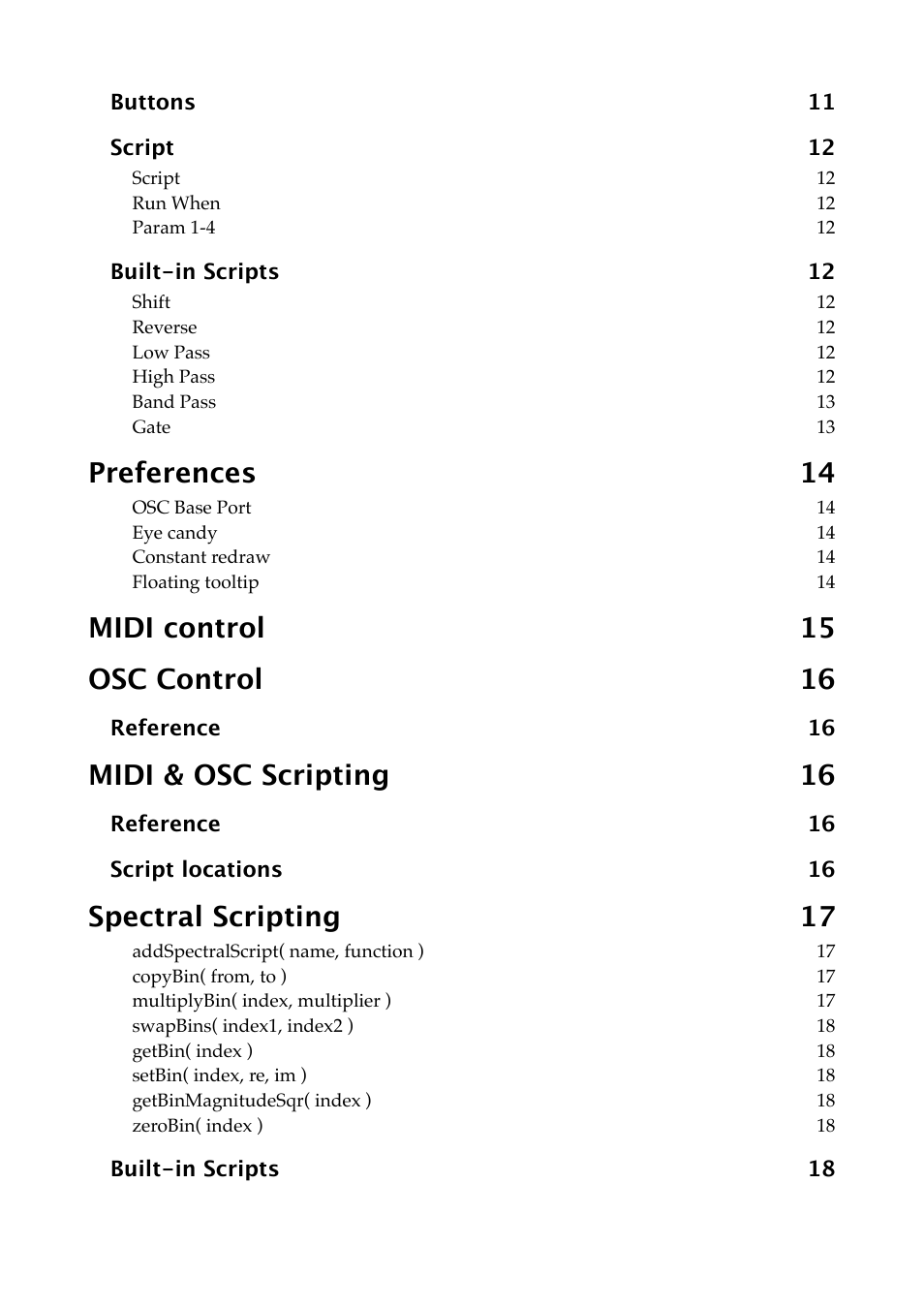 Preferences 14, Midi control 15 osc control 16, Midi & osc scripting 16 | Spectral scripting 17 | Expert Sleepers Spectral Conquest v1.0.0 User Manual | Page 4 / 25