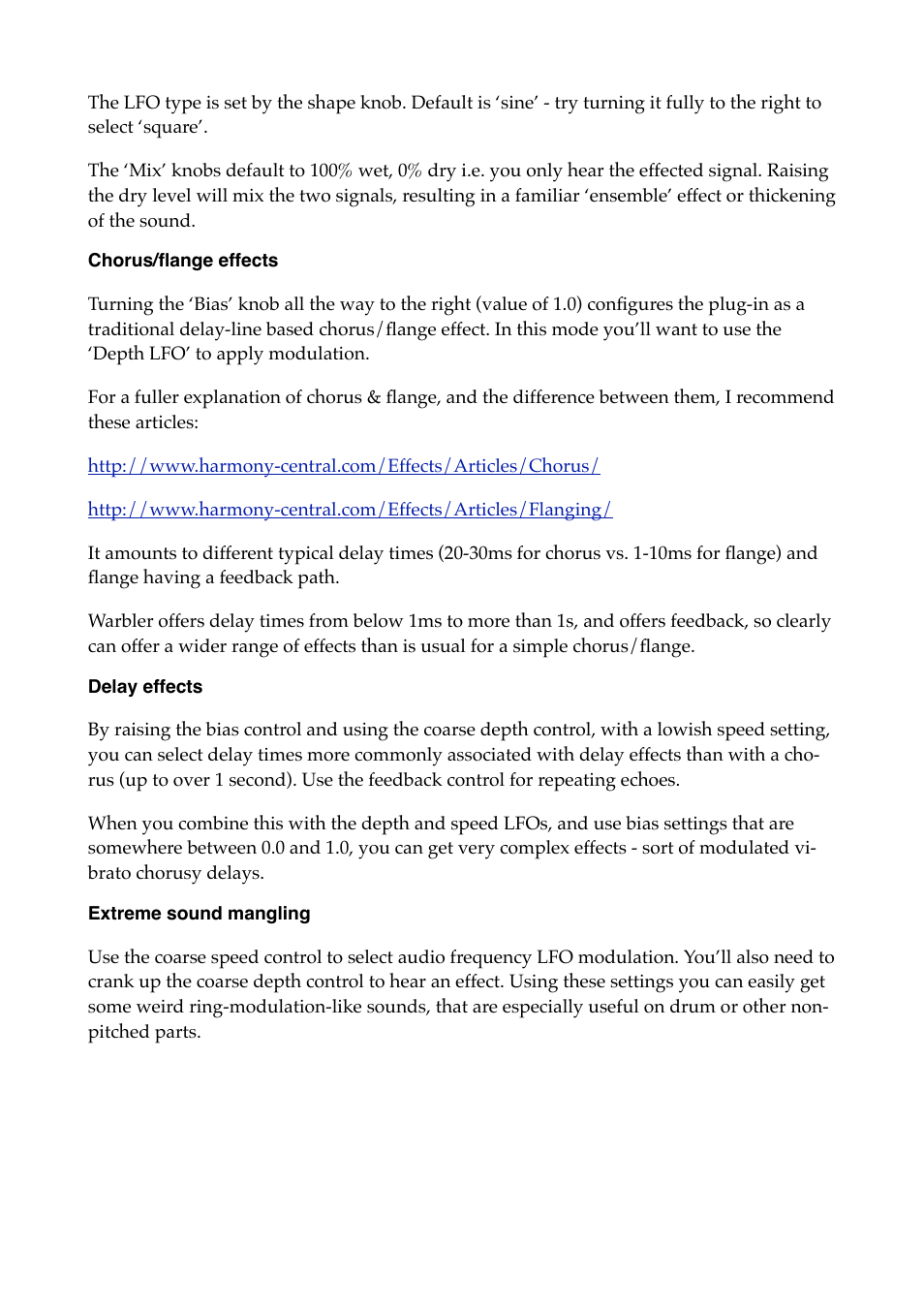 Chorus/flange effects, Delay effects, Extreme sound mangling | Expert Sleepers Warbler v1.1.0 User Manual | Page 10 / 21