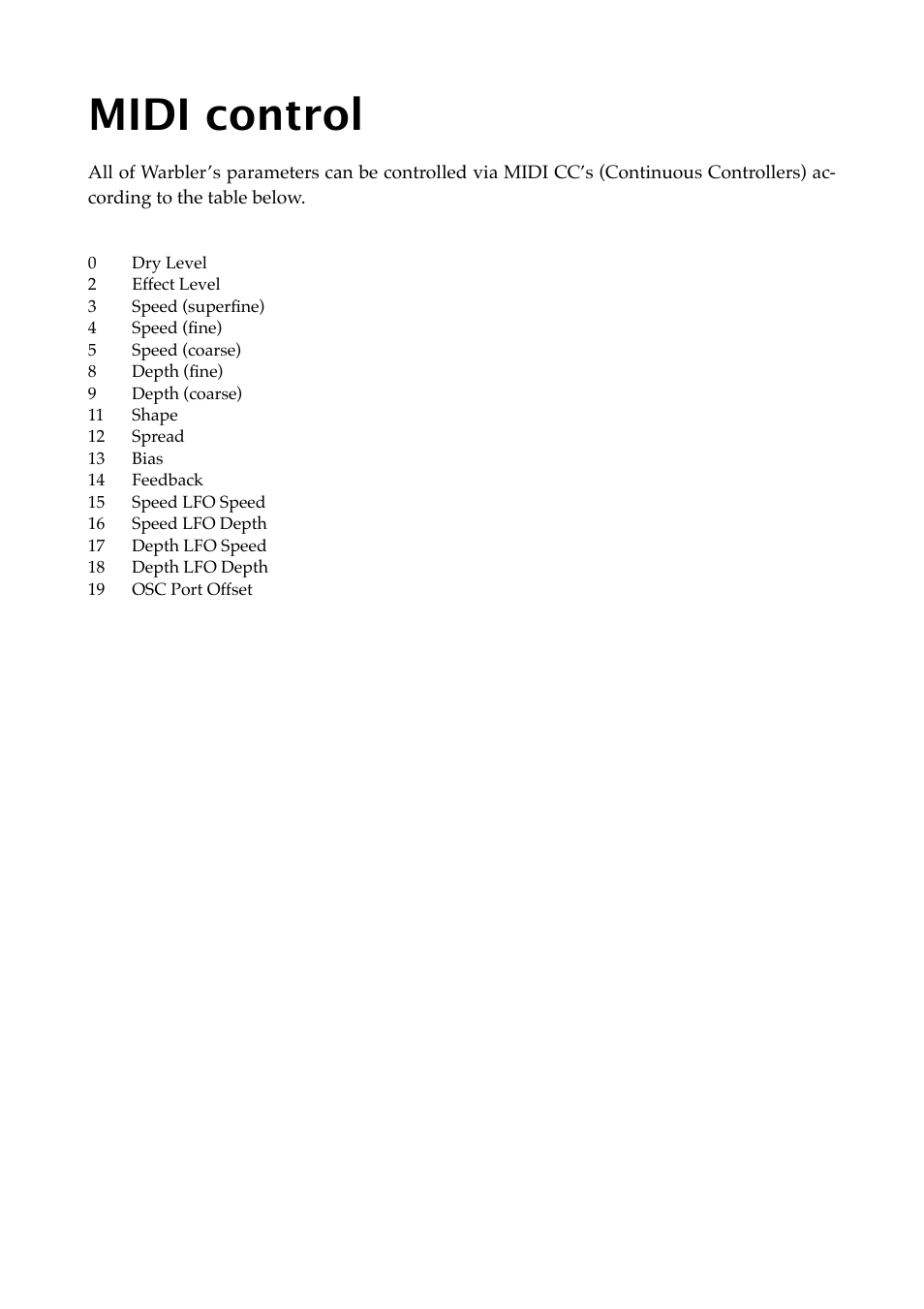 Midi control | Expert Sleepers Warbler v1.1.0 User Manual | Page 15 / 21