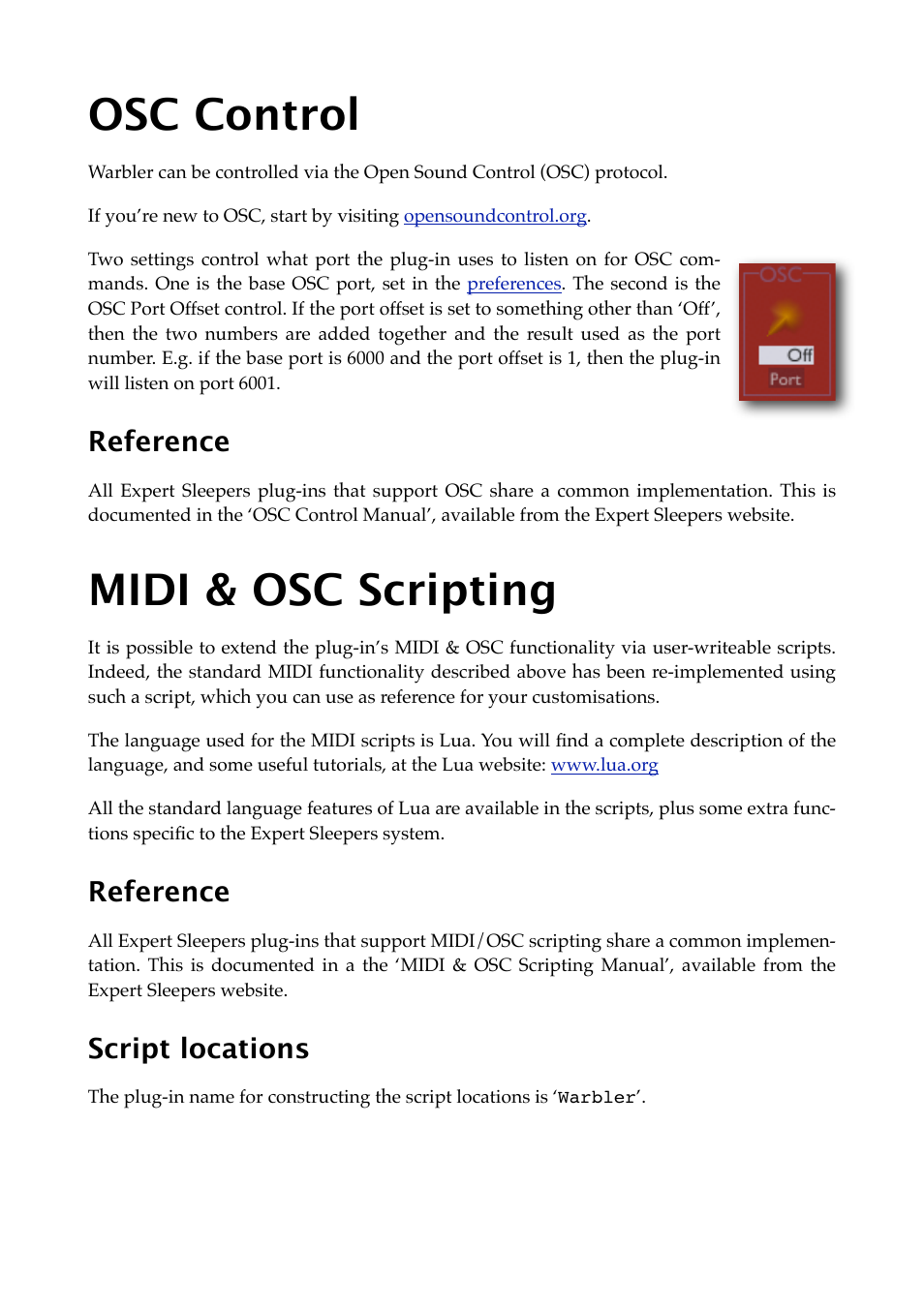 Osc control, Reference, Midi & osc scripting | Script locations | Expert Sleepers Warbler v1.1.0 User Manual | Page 16 / 21