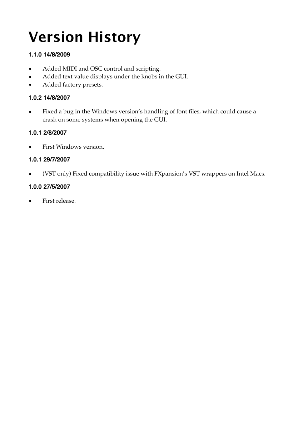 Version history | Expert Sleepers Warbler v1.1.0 User Manual | Page 17 / 21