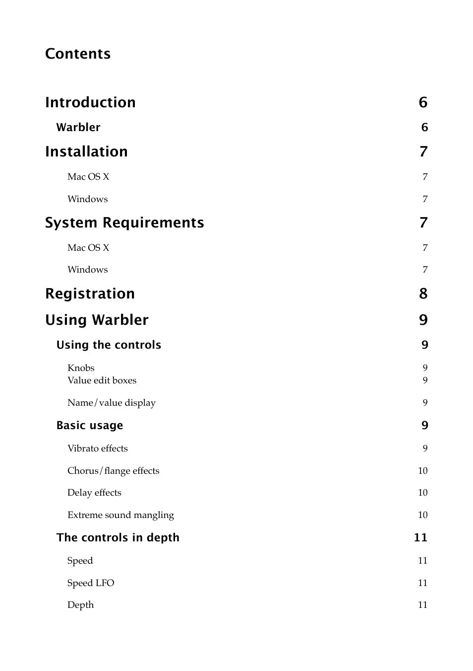 Contents introduction 6, Installation 7, System requirements 7 | Registration 8 using warbler 9 | Expert Sleepers Warbler v1.1.0 User Manual | Page 3 / 21