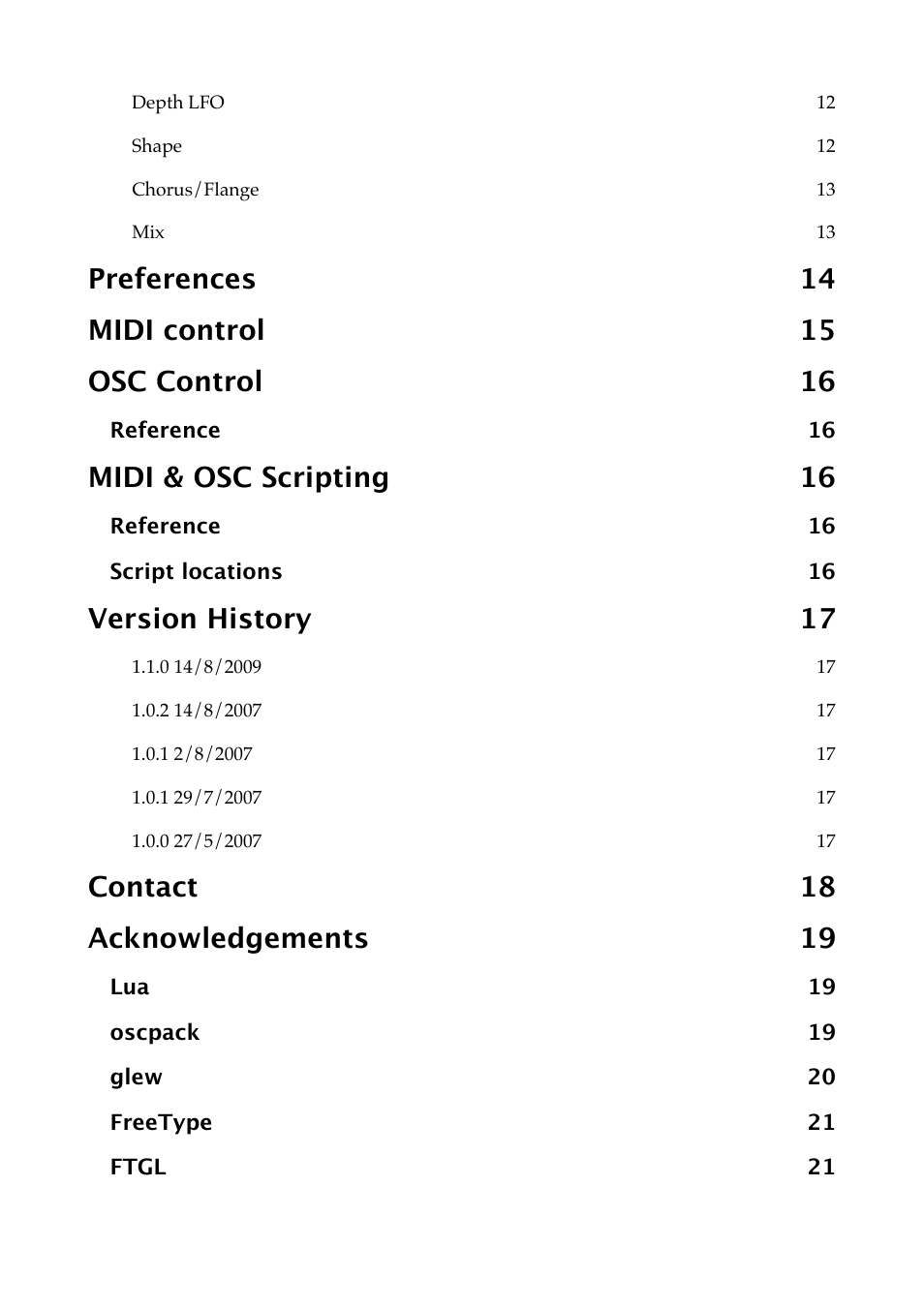 Midi & osc scripting 16, Version history 17, Contact 18 acknowledgements 19 | Expert Sleepers Warbler v1.1.0 User Manual | Page 4 / 21