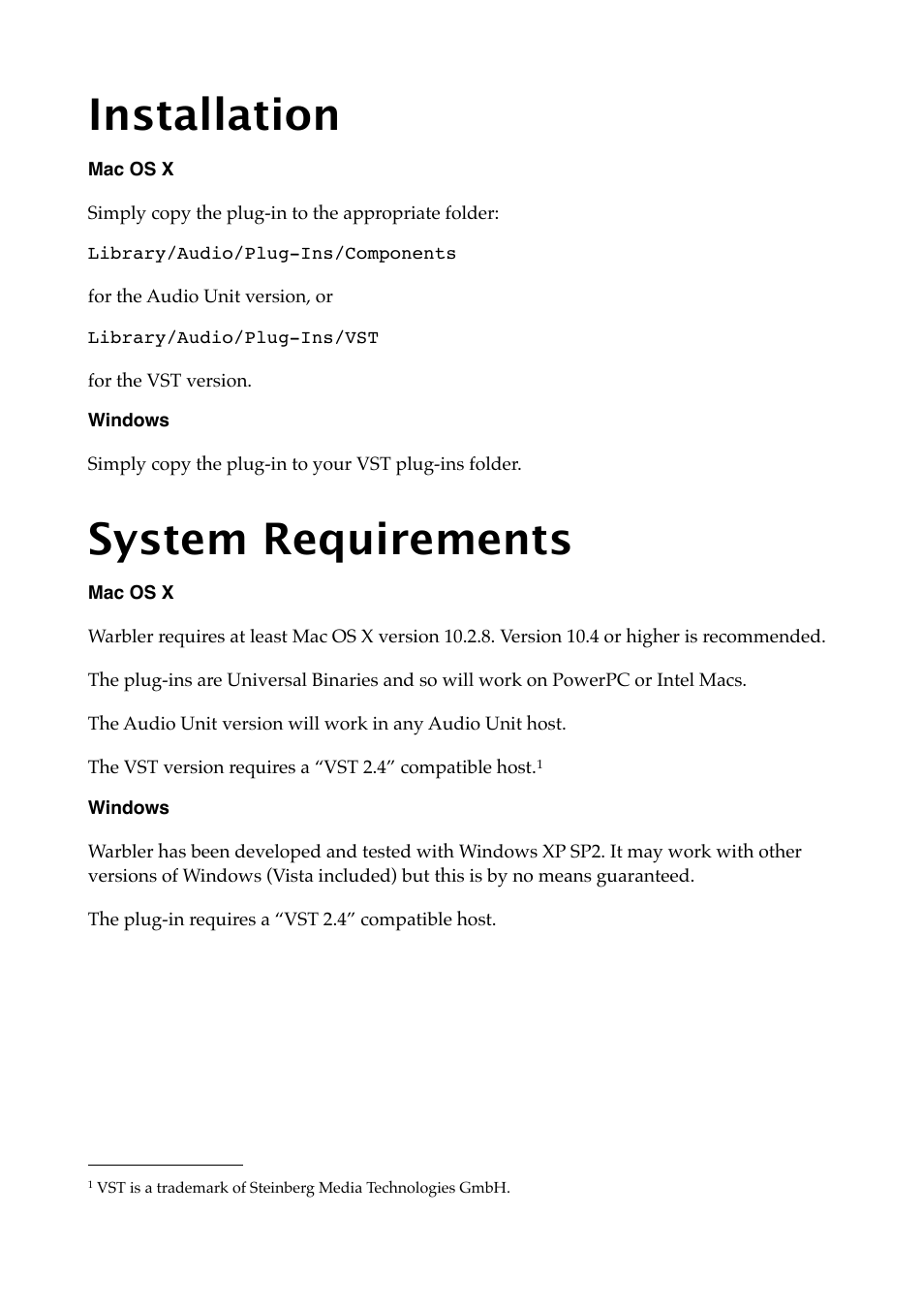 Installation, Mac os x, Windows | System requirements | Expert Sleepers Warbler v1.1.0 User Manual | Page 7 / 21