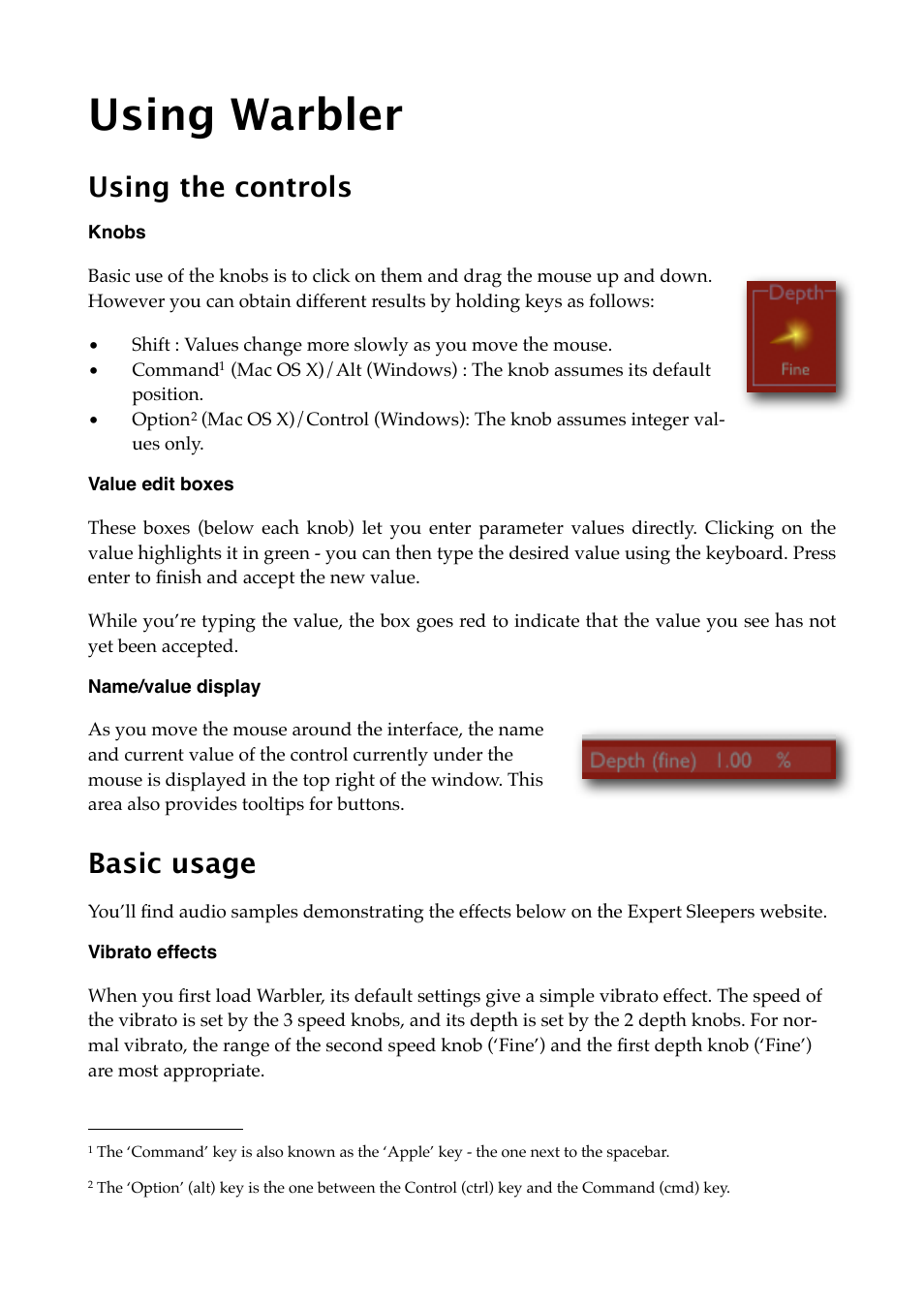 Using warbler, Using the controls, Knobs | Value edit boxes, Name/value display, Basic usage, Vibrato effects | Expert Sleepers Warbler v1.1.0 User Manual | Page 9 / 21
