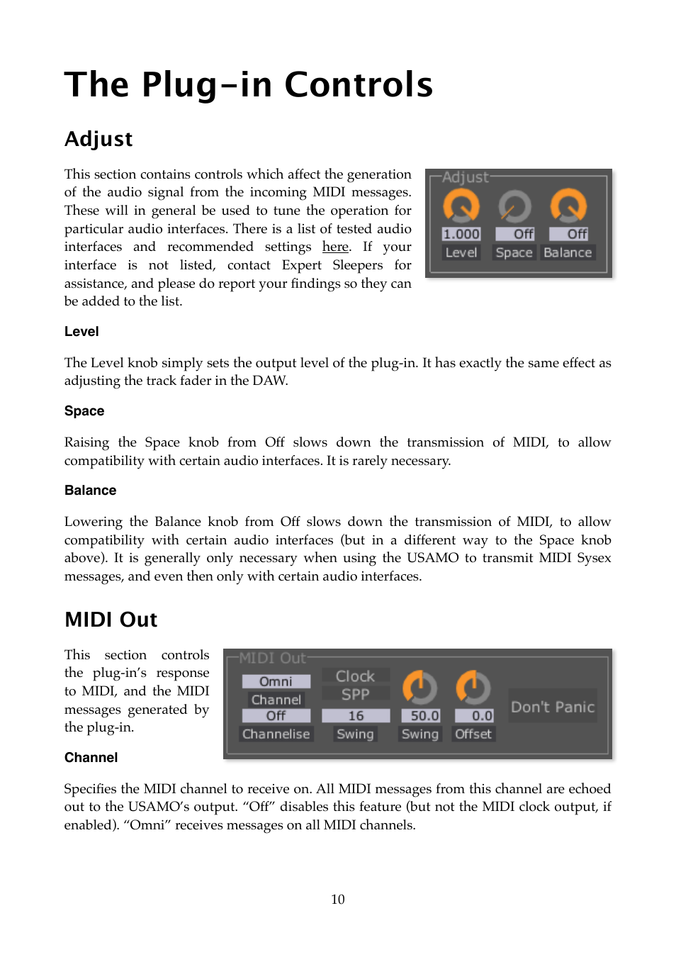 The plug-in controls, Adjust, Midi out | Expert Sleepers USAMO v1.0.0 User Manual | Page 10 / 19