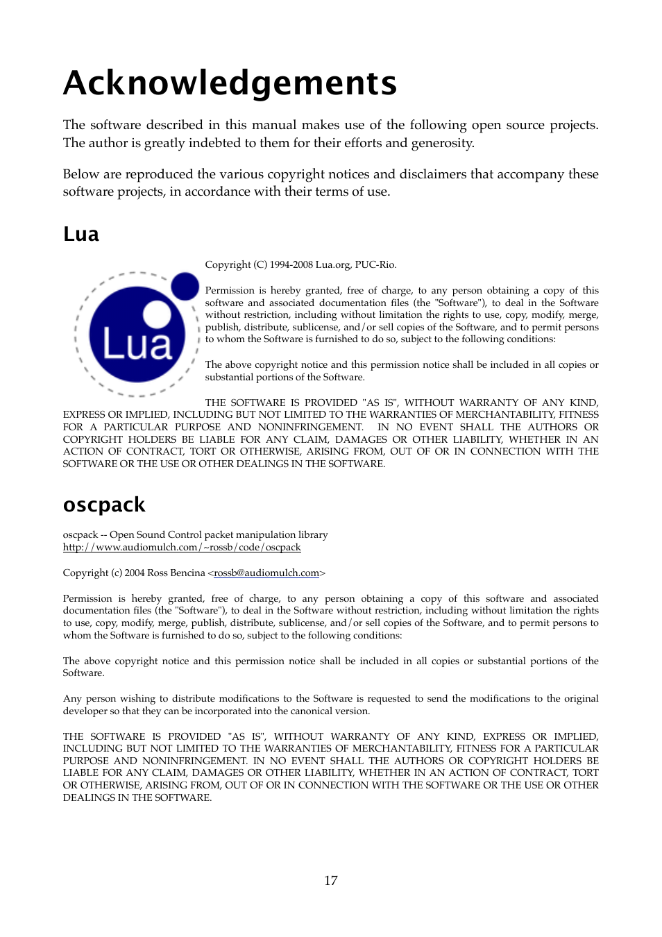 Acknowledgements, Oscpack | Expert Sleepers USAMO v1.0.0 User Manual | Page 17 / 19