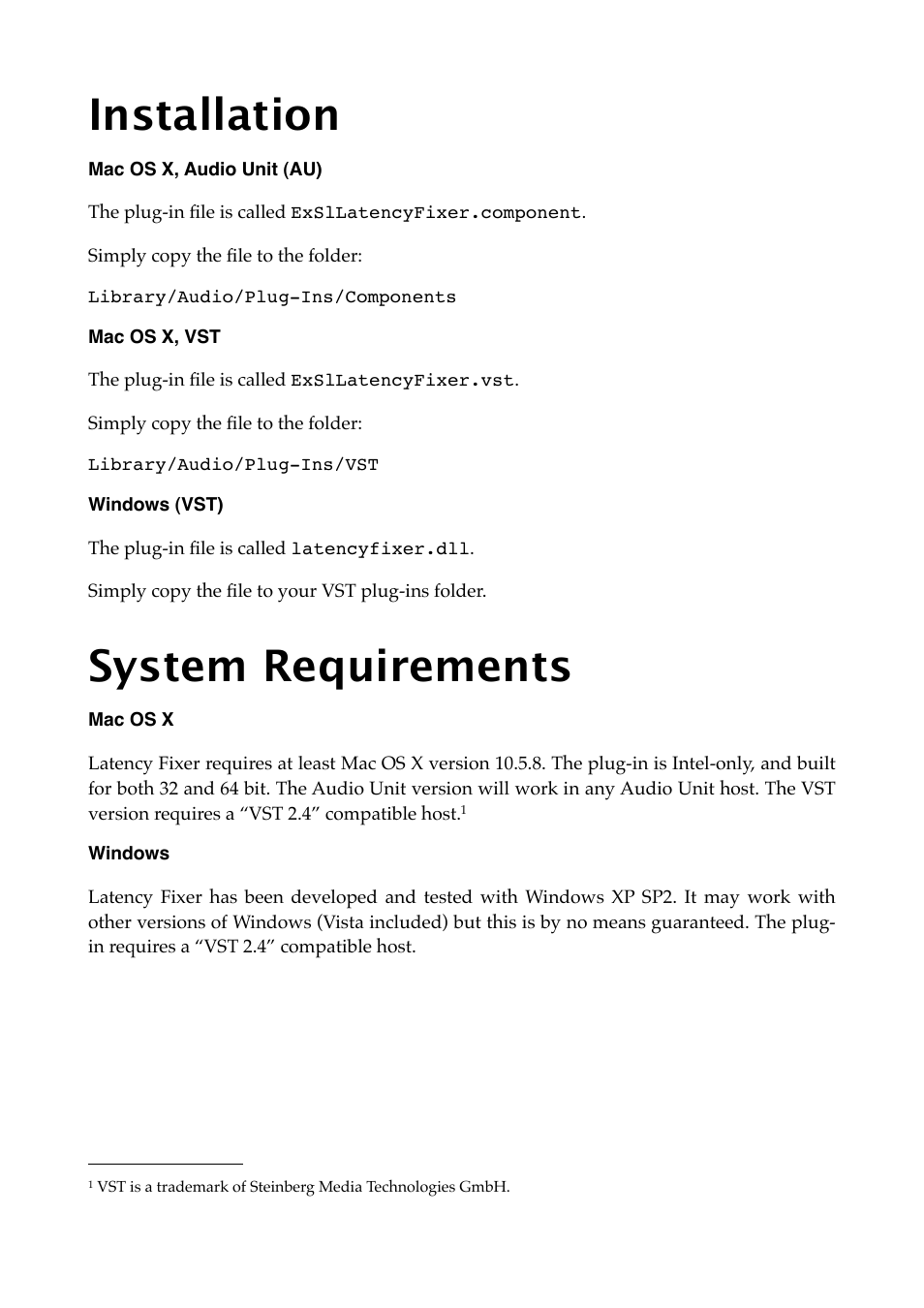 Installation, Mac os x, audio unit (au), Mac os x, vst | Windows (vst), System requirements, Mac os x, Windows | Expert Sleepers Latency Fixer v1.0.3 User Manual | Page 4 / 9