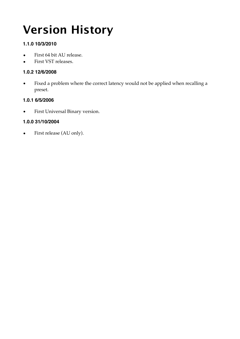 Version history | Expert Sleepers Latency Fixer v1.0.3 User Manual | Page 8 / 9