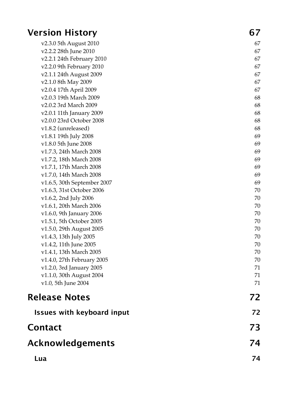Version history 67, Contact 73 acknowledgements 74 | Expert Sleepers Augustus Loop v2.3.0 User Manual | Page 10 / 76