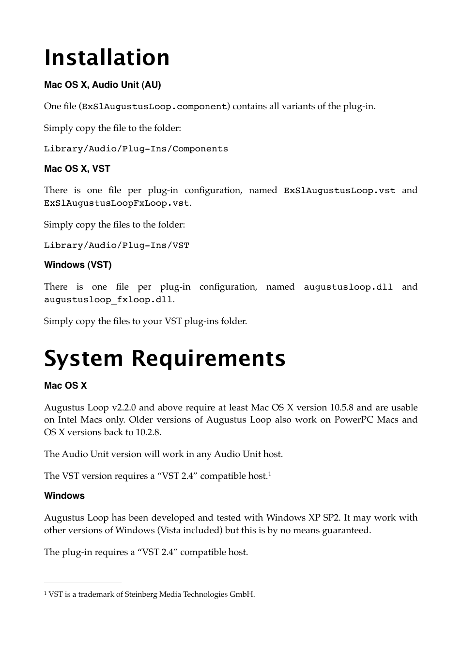 Installation, Mac os x, audio unit (au), Mac os x, vst | Windows (vst), System requirements, Mac os x, Windows | Expert Sleepers Augustus Loop v2.3.0 User Manual | Page 14 / 76
