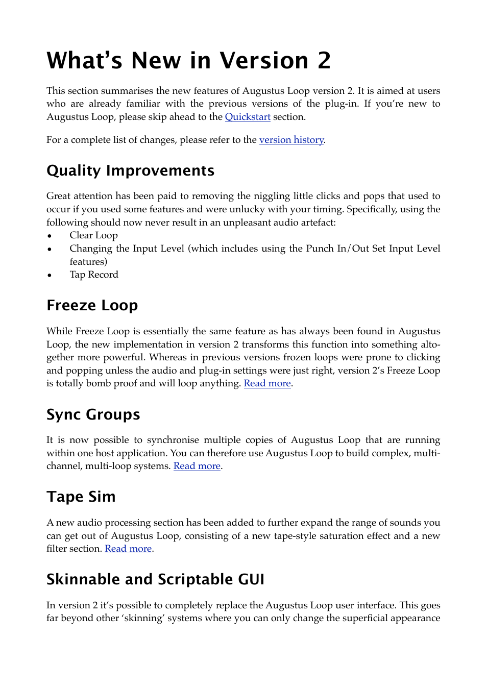 What’s new in version 2, Quality improvements, Freeze loop | Sync groups, Tape sim, Skinnable and scriptable gui | Expert Sleepers Augustus Loop v2.3.0 User Manual | Page 16 / 76