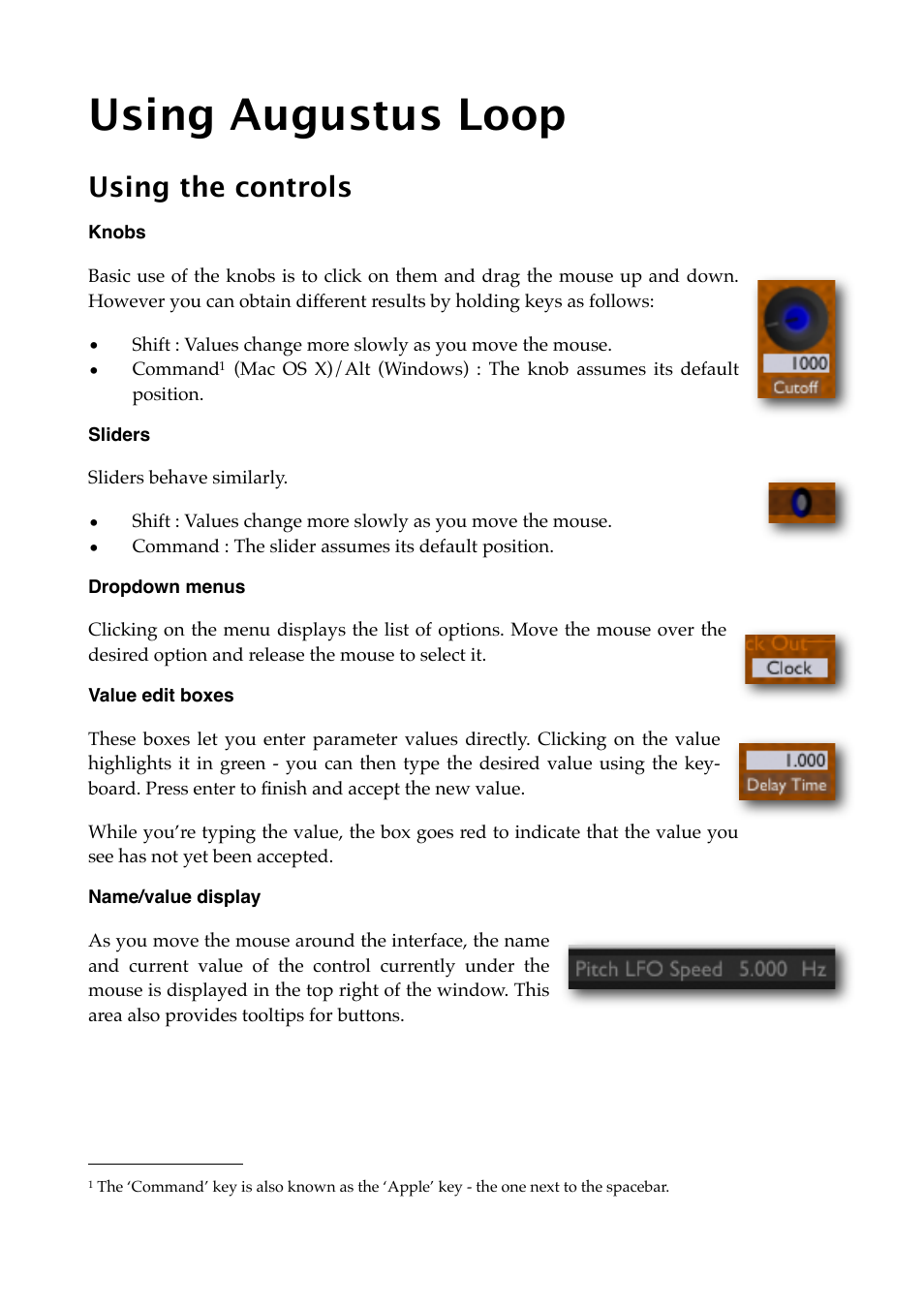 Using augustus loop, Using the controls, Knobs | Sliders, Dropdown menus, Value edit boxes, Name/value display | Expert Sleepers Augustus Loop v2.3.0 User Manual | Page 19 / 76