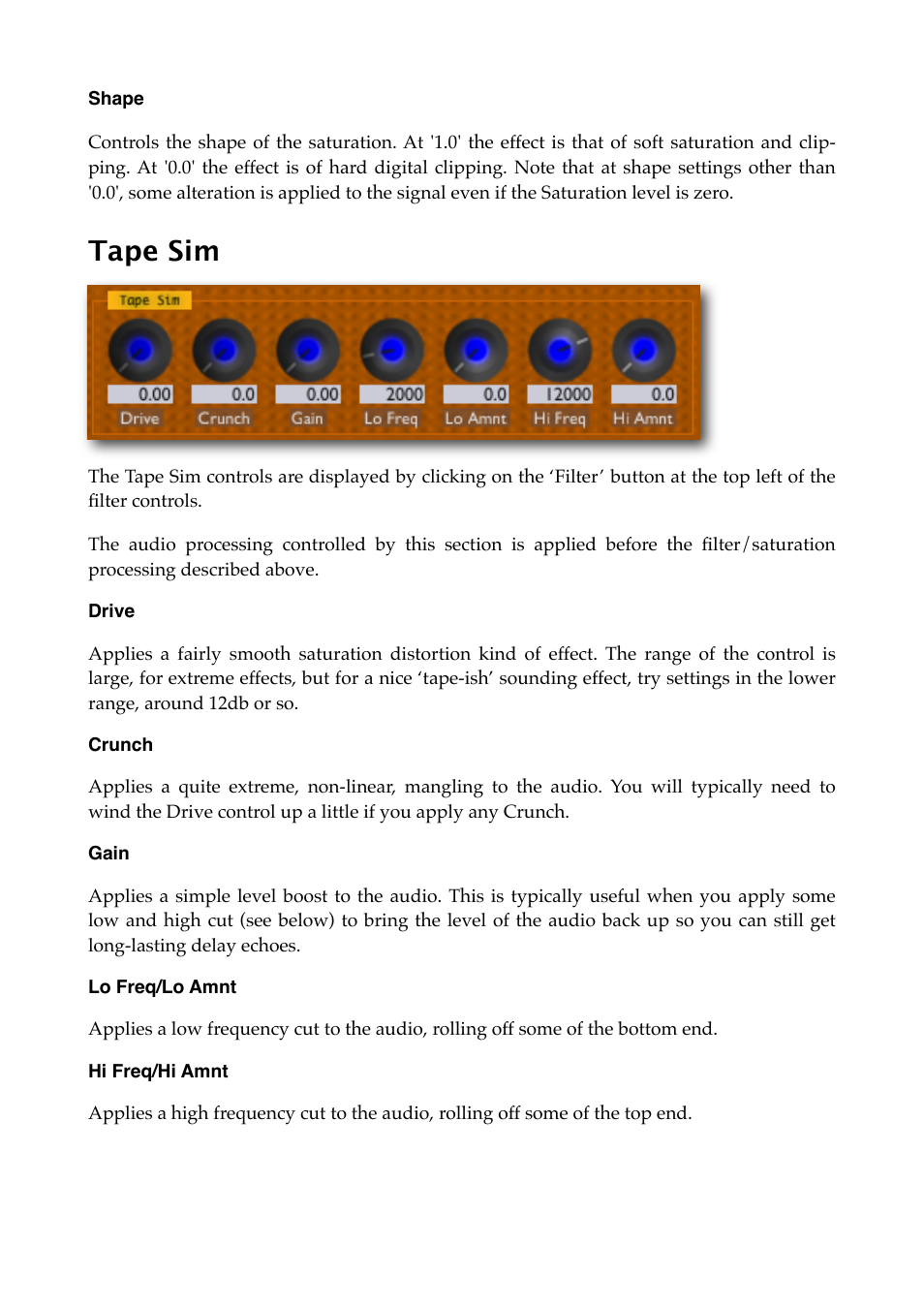 Shape, Tape sim, Drive | Crunch, Gain, Lo freq/lo amnt, Hi freq/hi amnt, Read more | Expert Sleepers Augustus Loop v2.3.0 User Manual | Page 26 / 76