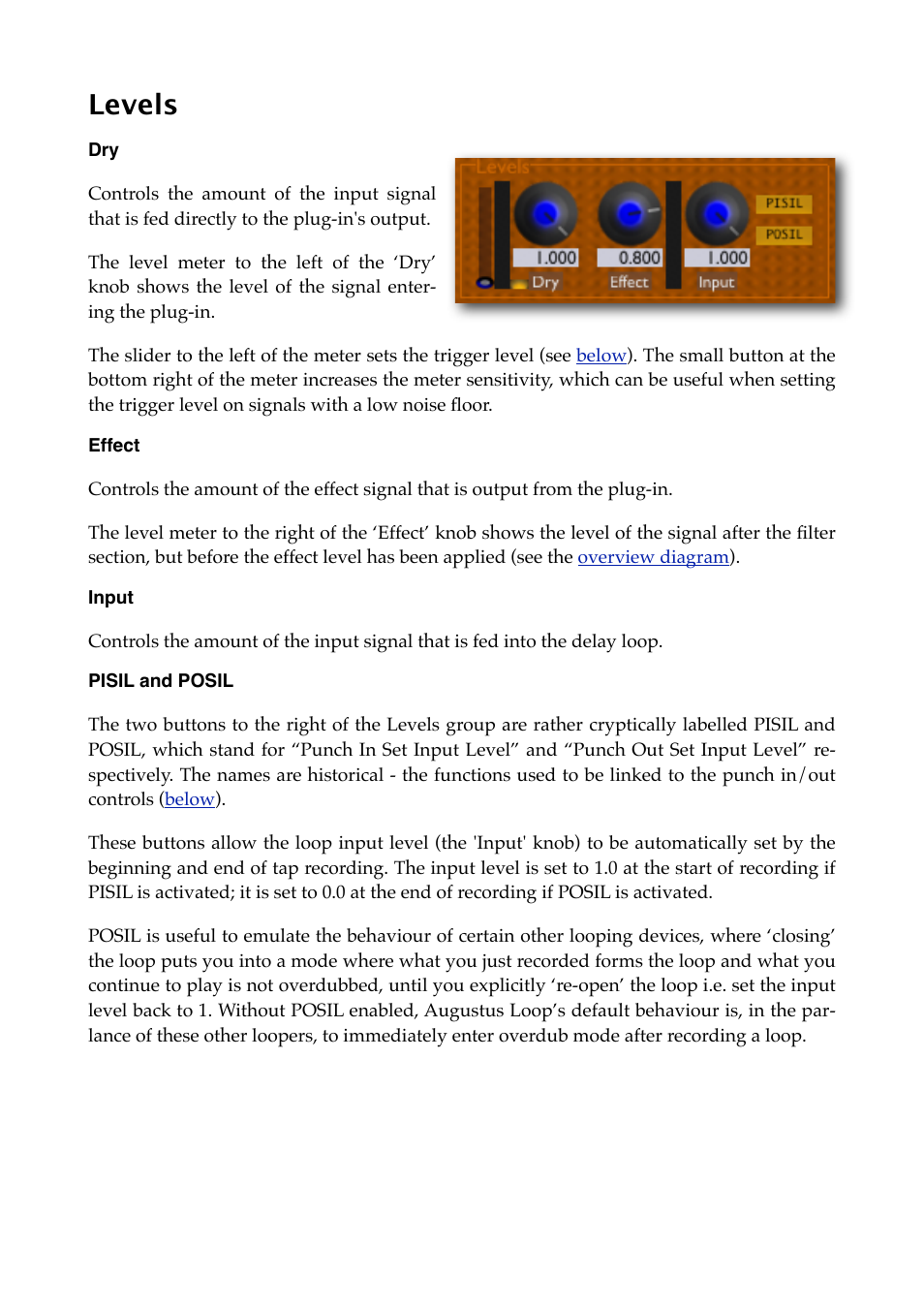 Levels, Effect, Input | Pisil and posil | Expert Sleepers Augustus Loop v2.3.0 User Manual | Page 29 / 76