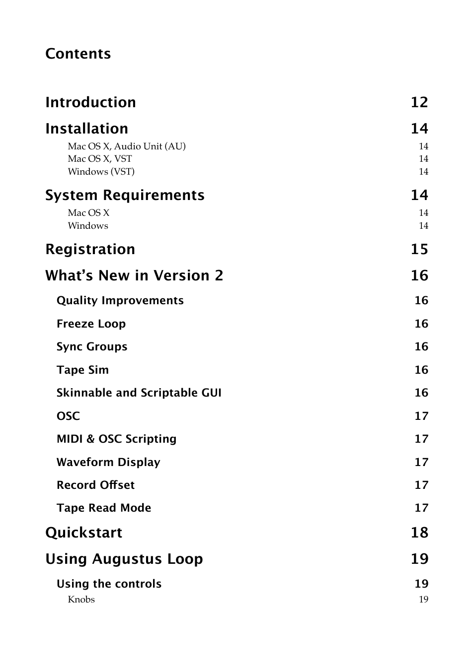 Contents introduction 12 installation 14, System requirements 14, Quickstart 18 using augustus loop 19 | Expert Sleepers Augustus Loop v2.3.0 User Manual | Page 3 / 76